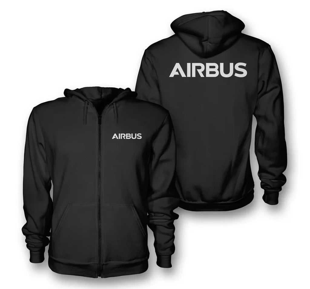 Airbus & Text aviation design on soft cotton blend zipped hoodie.