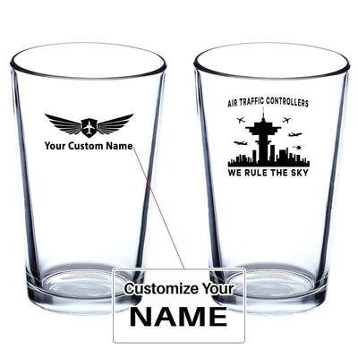 Air Traffic Controllers - We Rule The Sky Beer & aviation design on beer water glass, versatile drinkware.