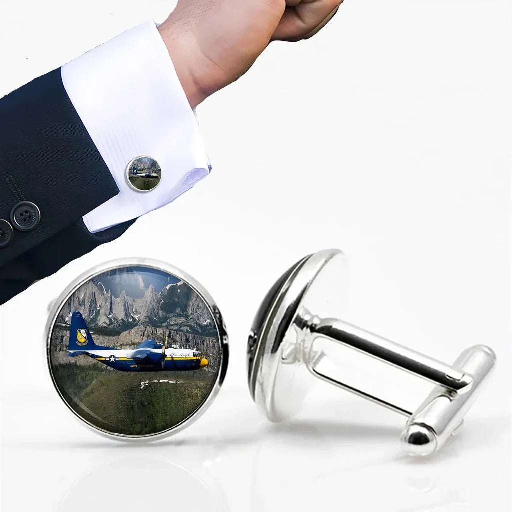 Amazing View with Blue Angels Aircraft aviation cuff links, polished metal body with engraved detail.