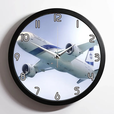 Close up to Israel Airways (El-al) Boeing 787 aviation design on premium wood and metal wall clock.