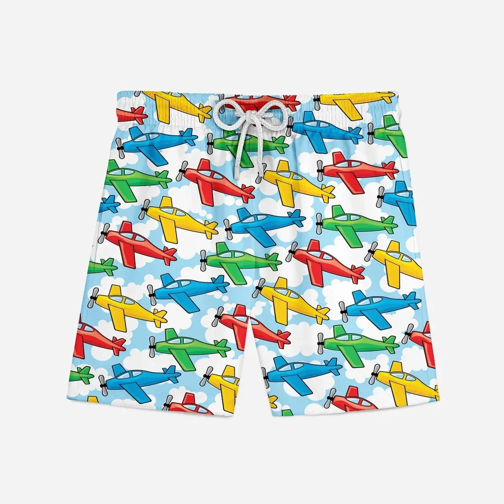 Funny Airplanes aviation print swim trunks, quick-dry polyester.