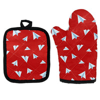 Thumbnail for Paper Airplanes (Red) Kitchen Glove & Holder aviation design on durable fabric with insulated lining kitchen glove holder.