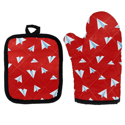 Paper Airplanes (Red) Kitchen Glove & Holder aviation design on durable fabric with insulated lining kitchen glove holder.