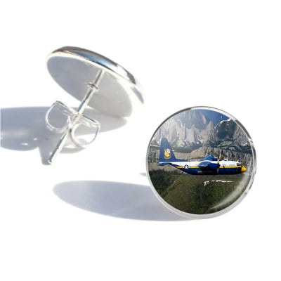 Amazing View with Blue Angels Aircraft aviation-themed stud earrings, polished stainless steel.
