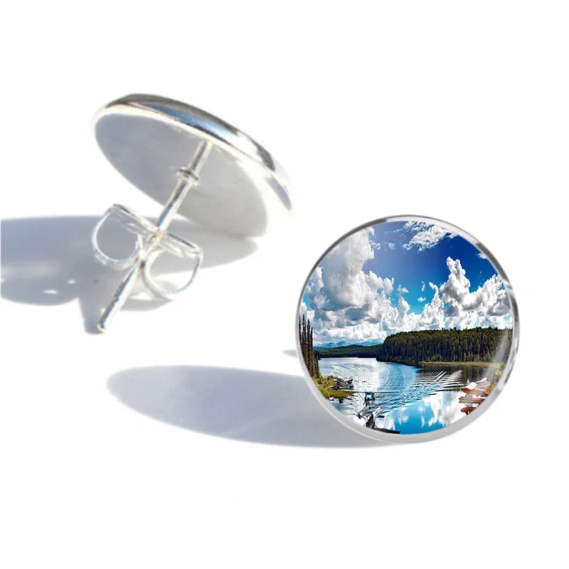 Amazing Scenary & Sea Planes aviation-themed stud earrings, polished stainless steel.