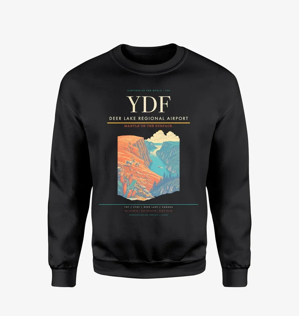 Deer Lake Regional Airport (YDF) design on black sweatshirt