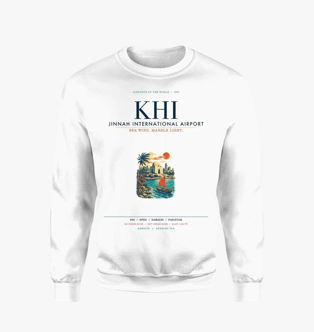 Jinnah International Airport Karachi (KHI) design on white sweatshirt