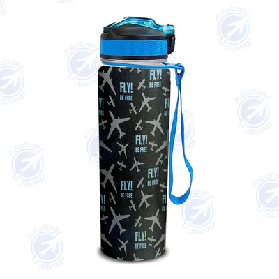Fly Be Free Black Sports aviation design on sport kettle, insulated bottle with sport spout.