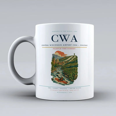 Central Wisconsin Airport (CWA) airport code design on white ceramic mug