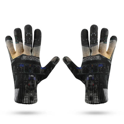 Boeing 787 Cockpit aviation design on soft knit fabric gloves.
