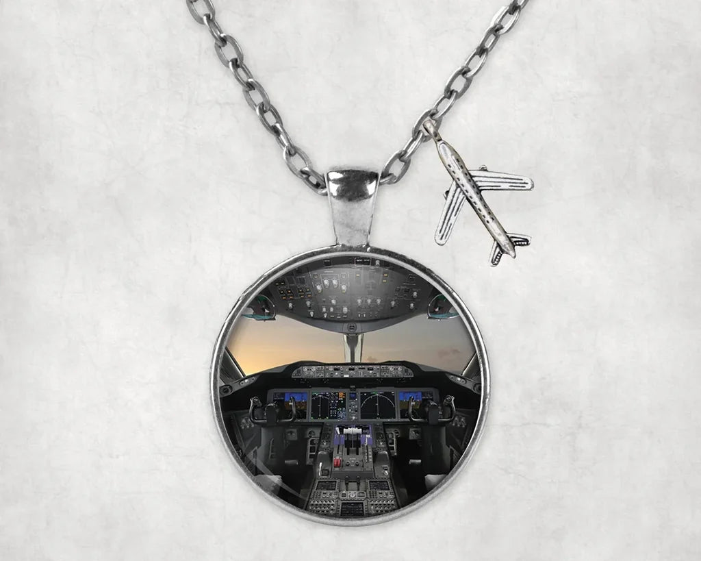 Boeing 787 Cockpit aviation necklace, stainless steel body with engraved detail.