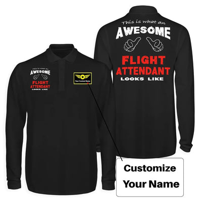 Flight Attendant Long Sleeve Polo T-Shirts (Double-Side) aviation design printed on soft cotton long-sleeve double-side polo.