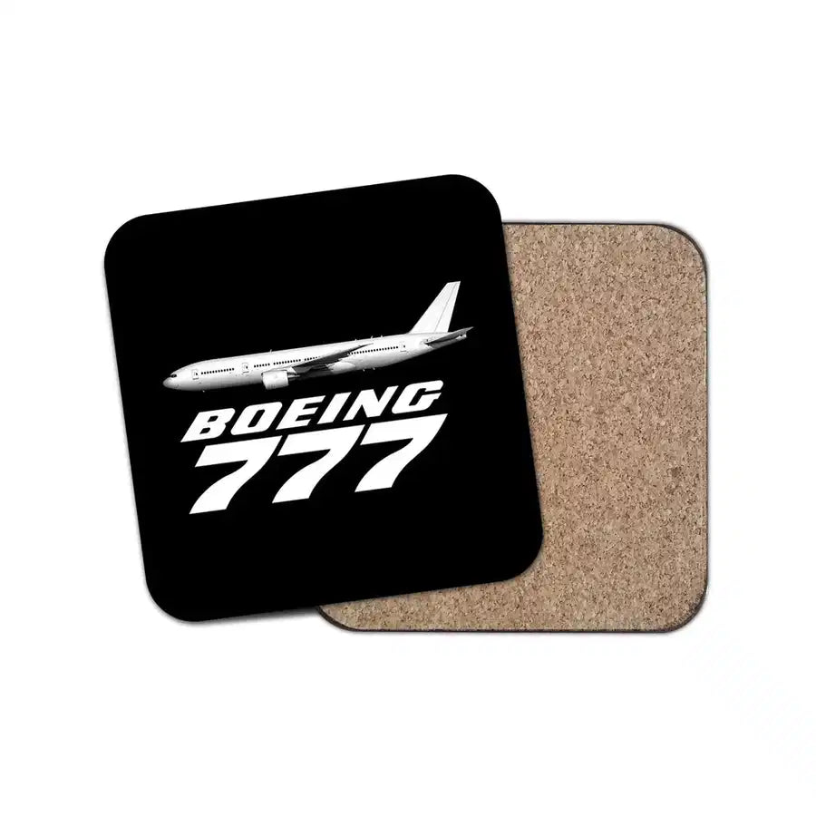 The Boeing 777 aviation design on cork-backed wood with print coaster.