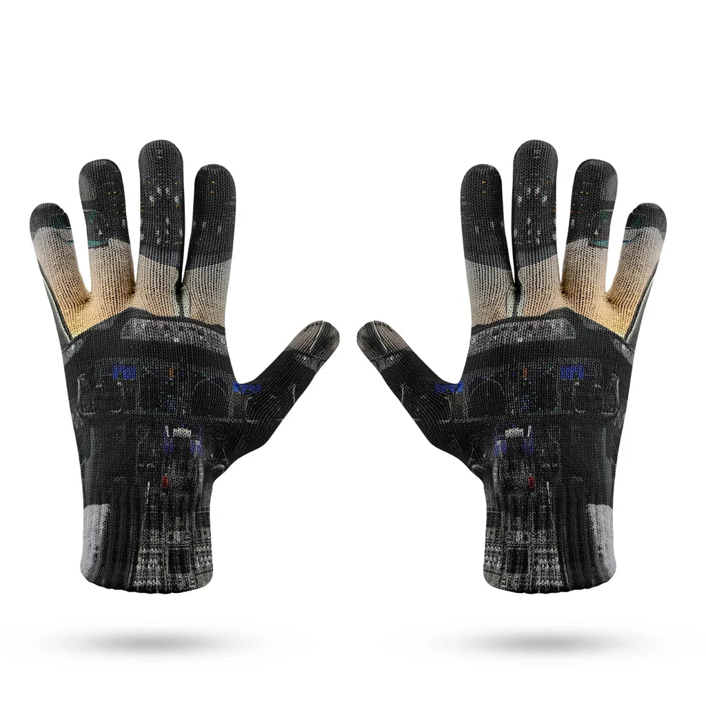 Boeing 787 Cockpit aviation design on soft knit fabric gloves.