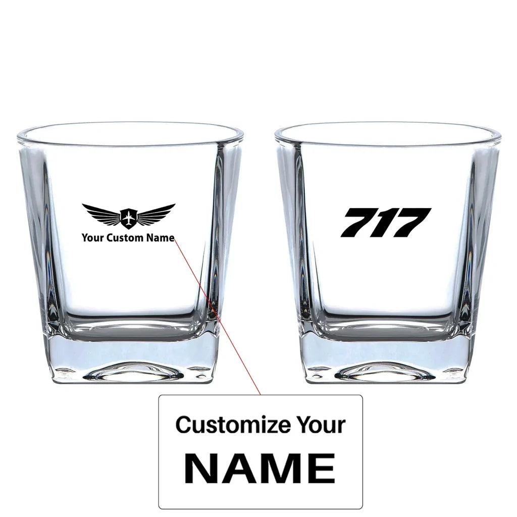 Boeing 717 Flat Text aviation design on whiskey glass, crystal-clear premium glassware.