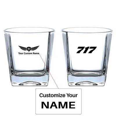 Boeing 717 Flat Text aviation design on whiskey glass, crystal-clear premium glassware.