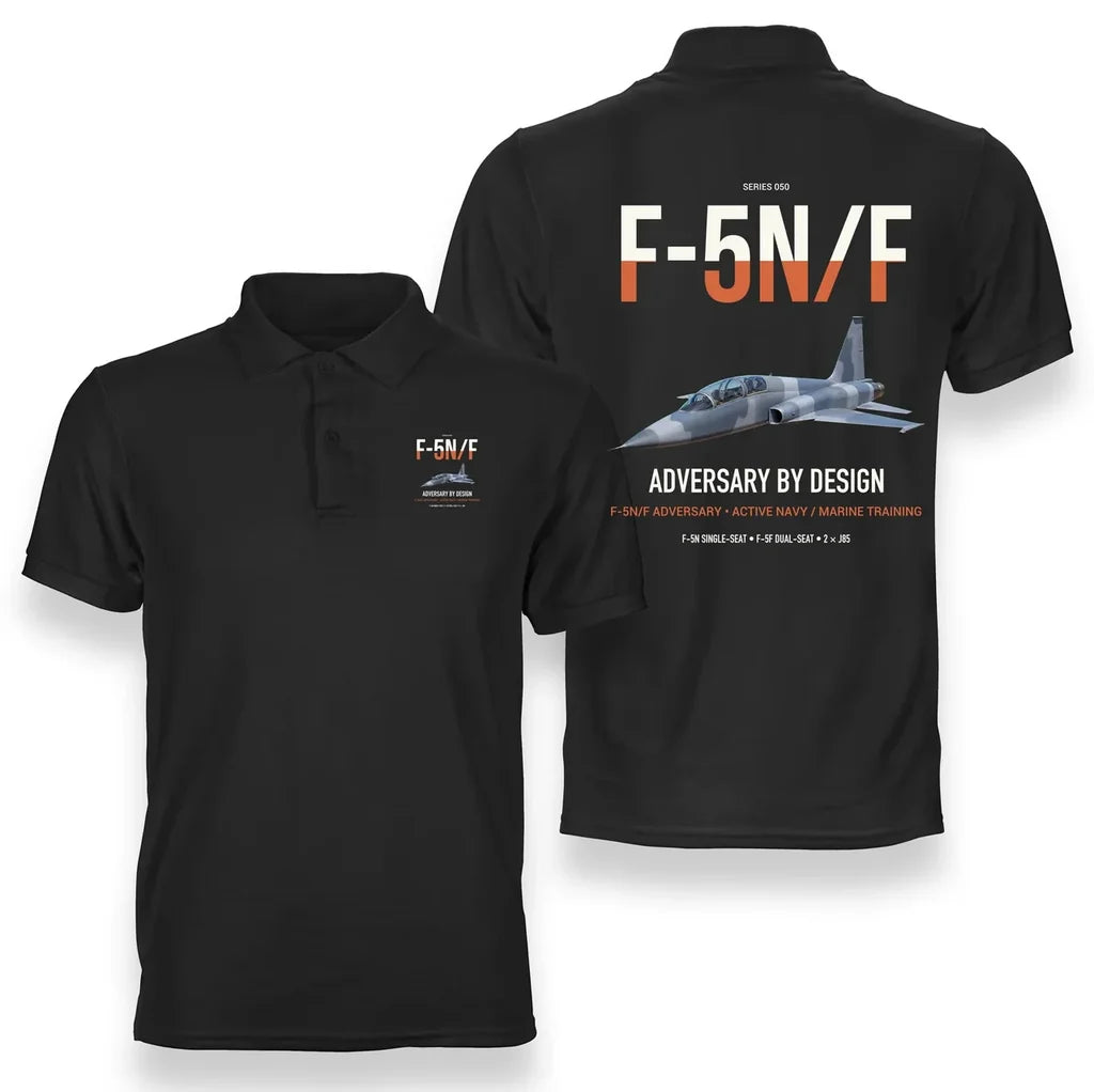 F-5N F Adversary design on black double-side polo t-shirt, double-side print
