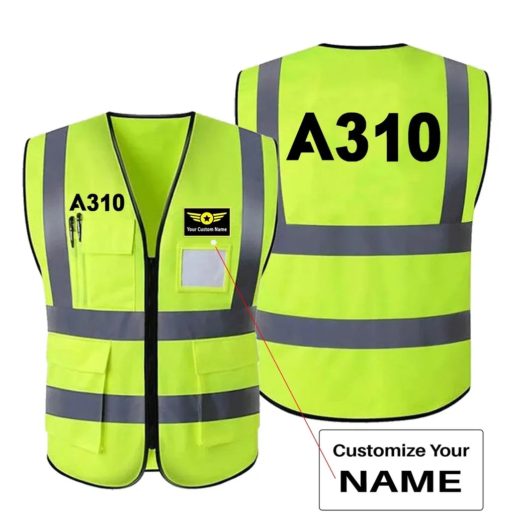 Airbus A310 Flat Text aviation design printed on high-visibility reflective fabric reflective vest.