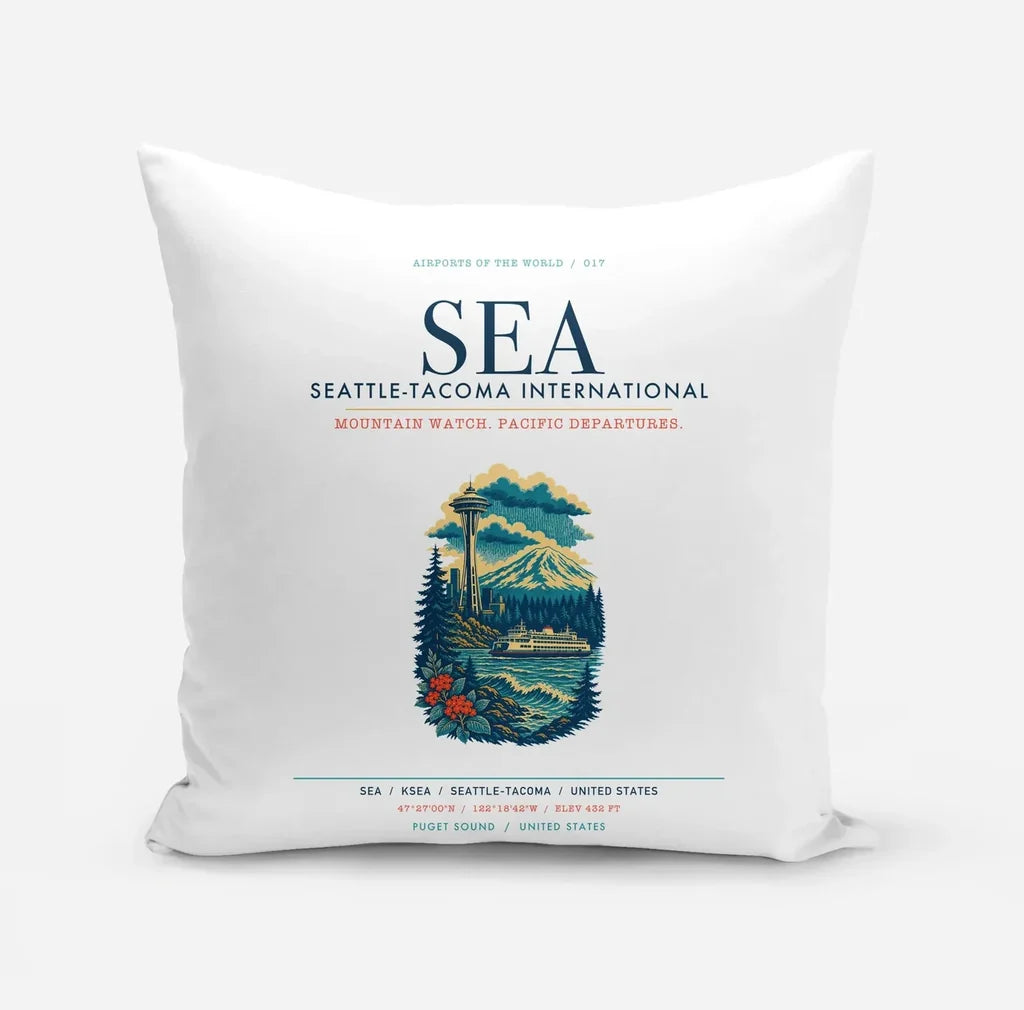 Seattle-Tacoma International Airport (SEA) design on white pillow