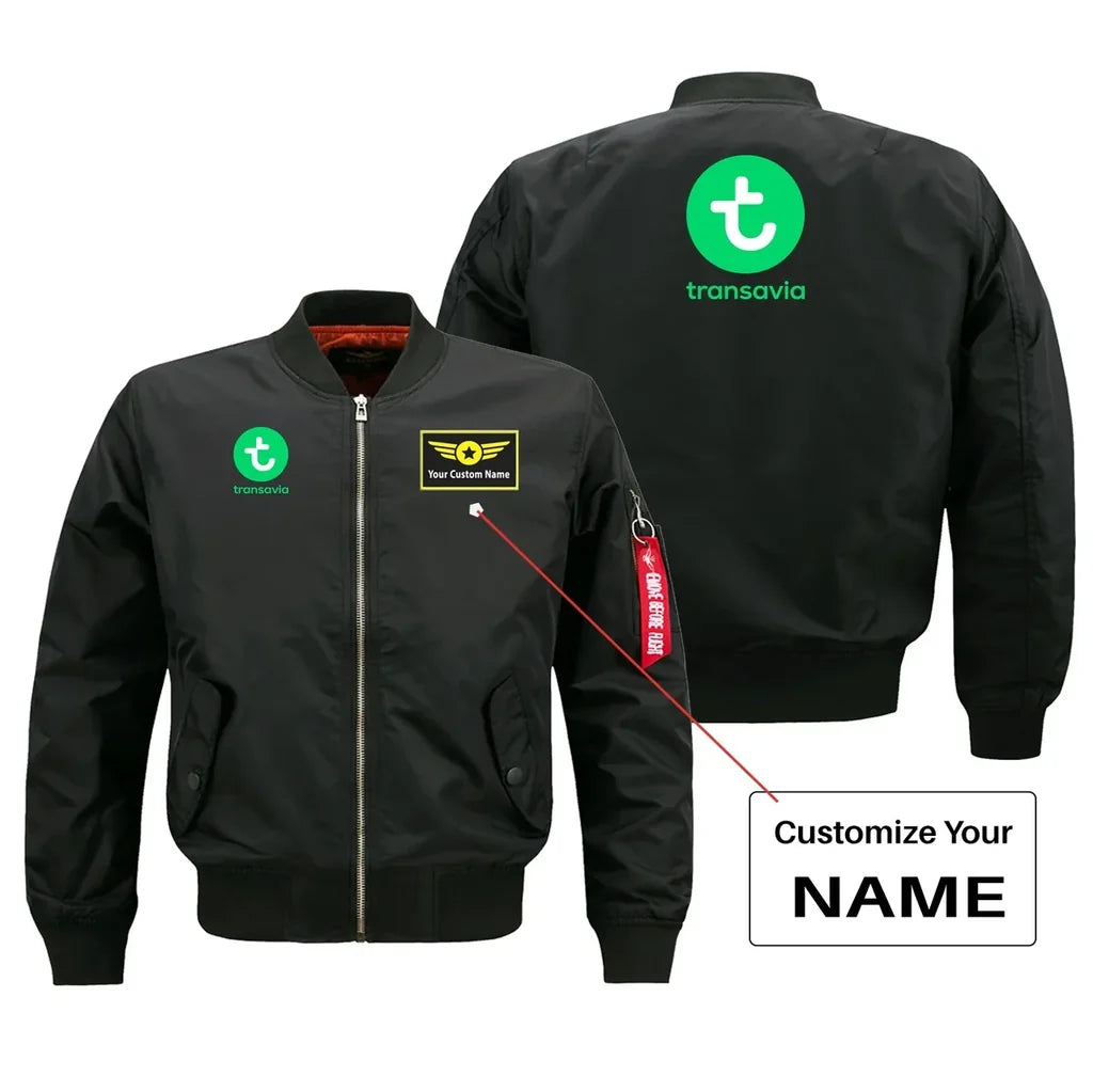 Transavia France Airlines aviation design with custom name embroidered on black bomber jacket