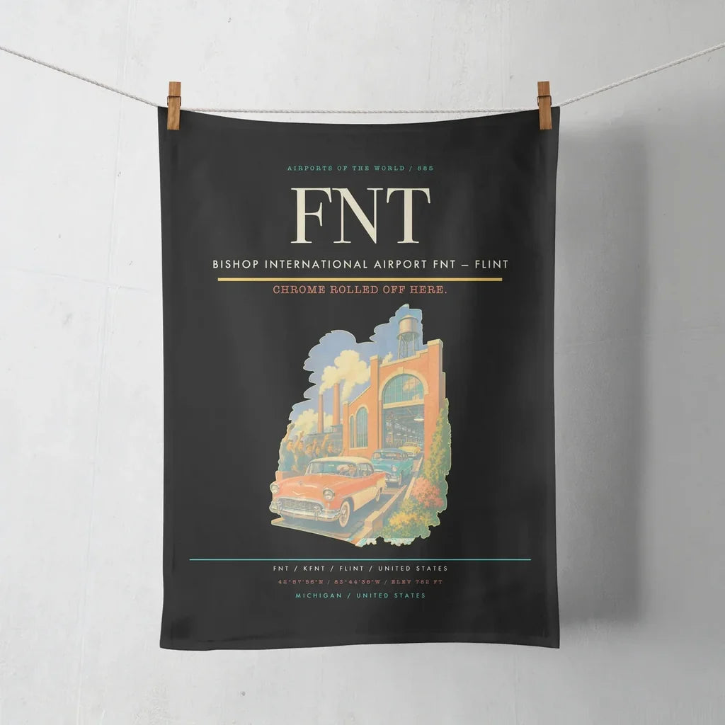 Bishop International Airport (FNT) design on black towel
