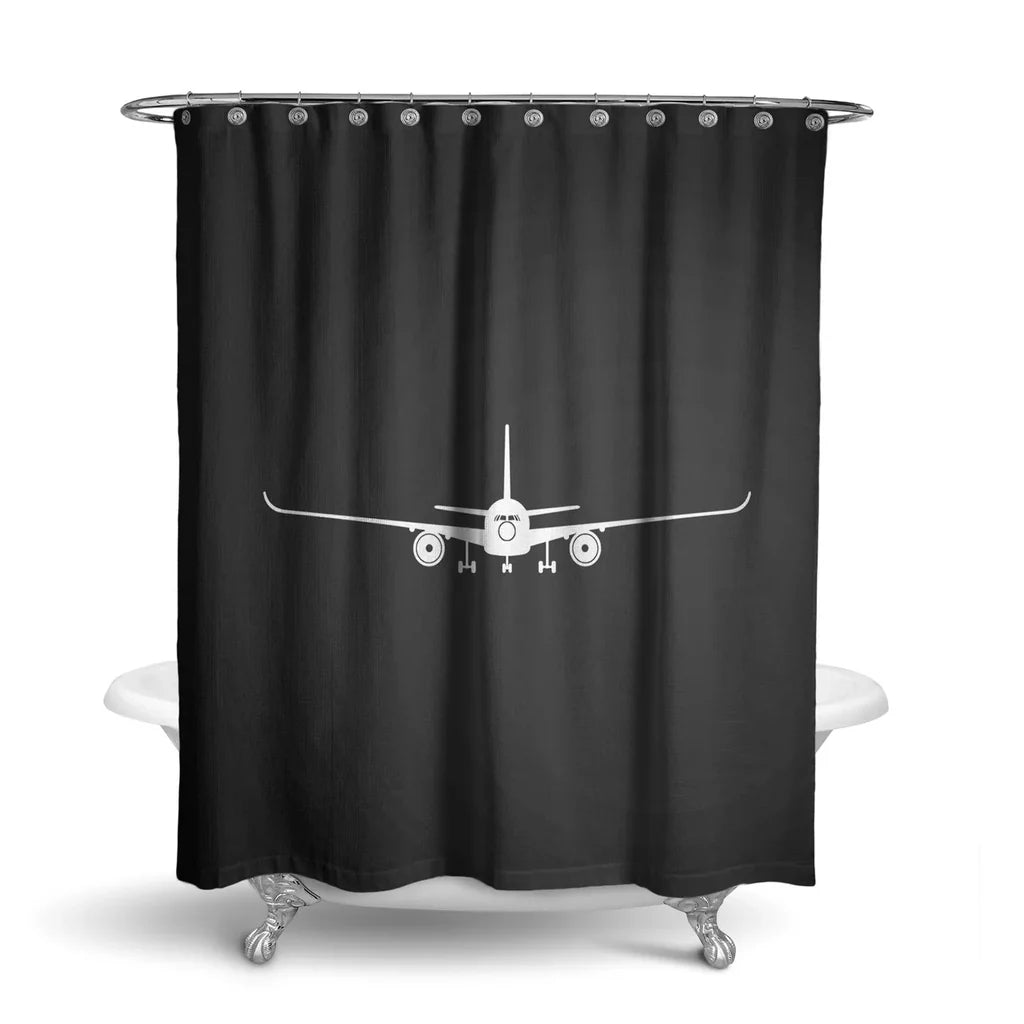 Airbus A350 Silhouette aviation design on waterproof polyester shower curtain.