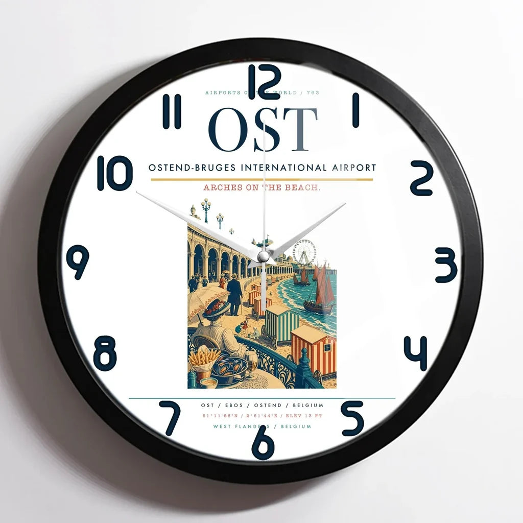 Ostend-Bruges International Airport (OST) design on white framed wall clock
