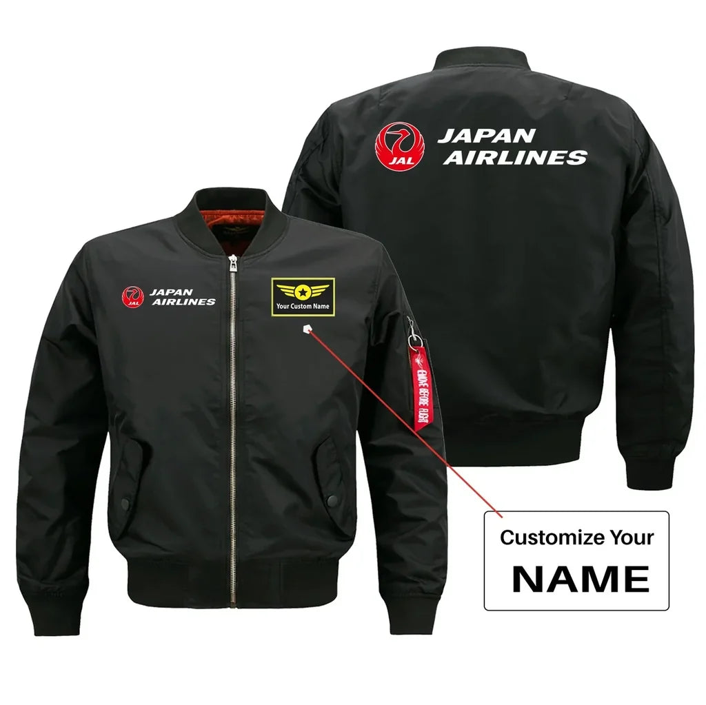 Japan Airlines aviation design with custom name embroidered on black bomber jacket