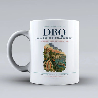 Dubuque Regional Airport (DBQ) airport code design on white ceramic mug