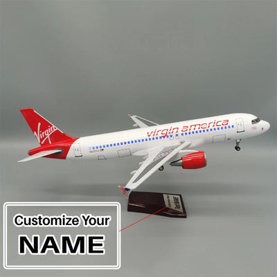 Side view of Virgin America Airlines Airbus A320 Airplane Model (47CM) aviation LED model airplane in diecast metal with LED.