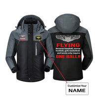 Thumbnail for Flying One Ball aviation design printed on heavyweight insulated shell thick winter jacket.