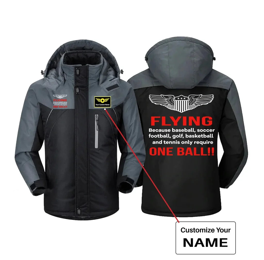 Flying One Ball aviation design printed on heavyweight insulated shell thick winter jacket.