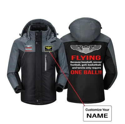 Flying One Ball aviation design printed on heavyweight insulated shell thick winter jacket.
