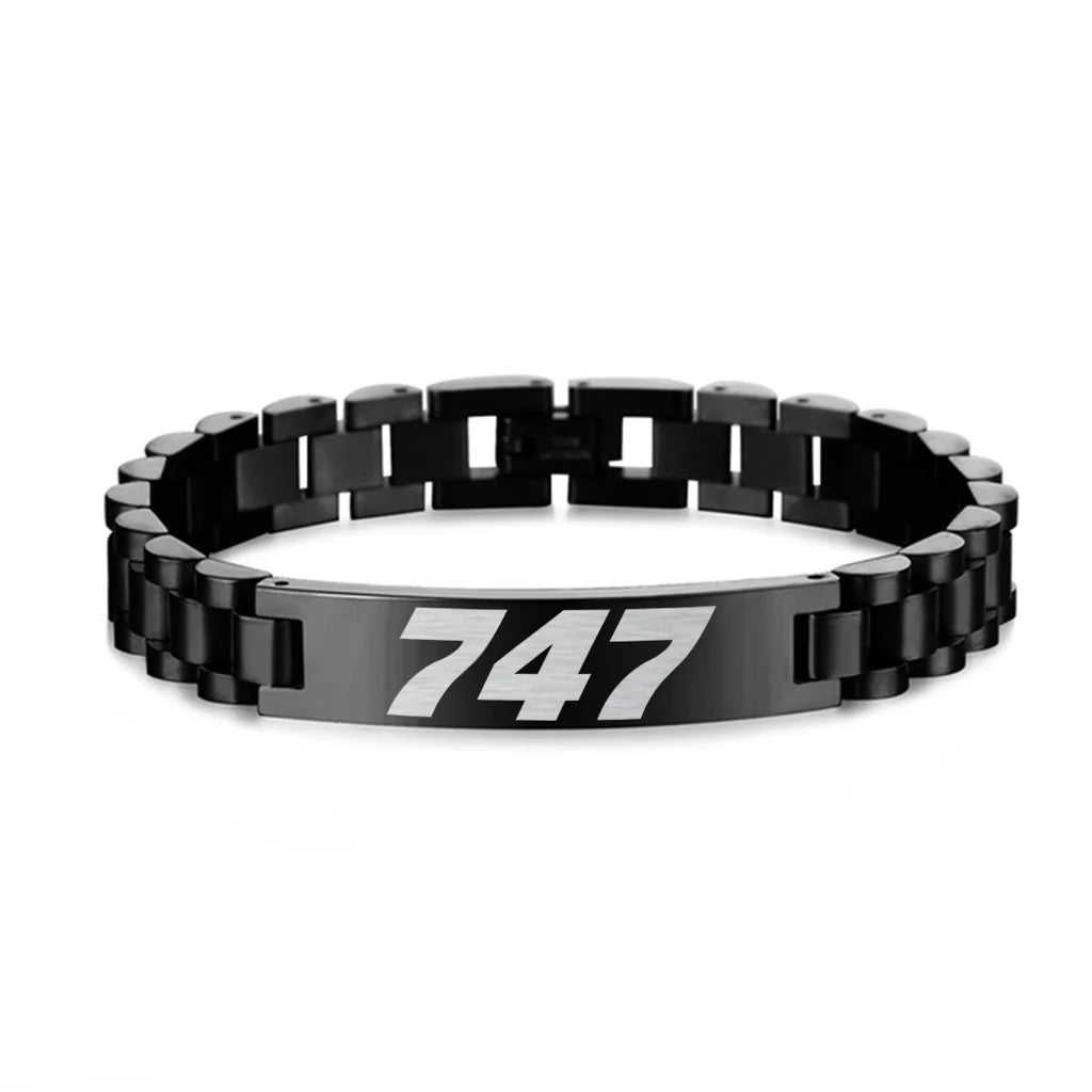 Side view of Boeing 747 Flat Text aviation chain bracelet in stainless steel, polished finish.