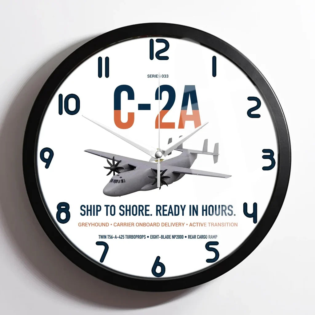 C-2A Greyhound design on white framed wall clock