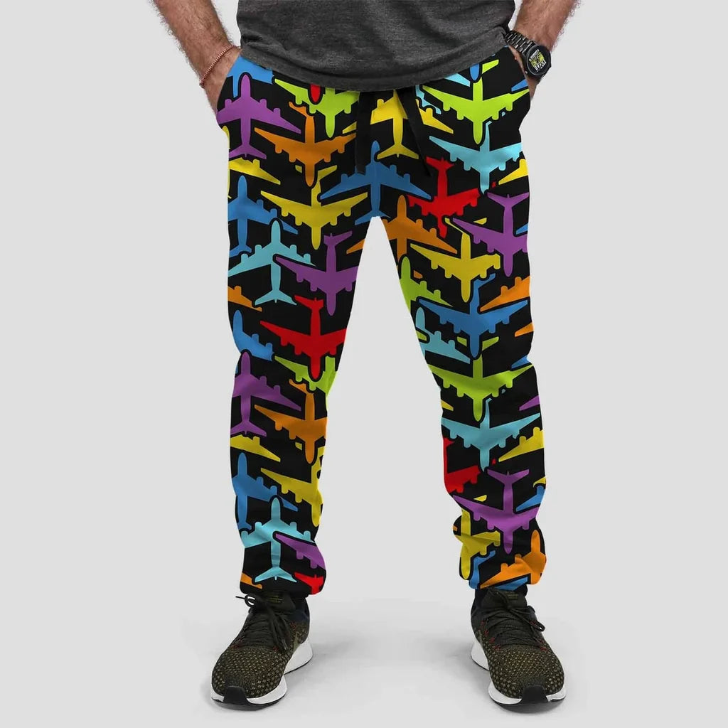 Super Colourful Airplanes aviation design on soft cotton blend 3D-printed sweatpants.