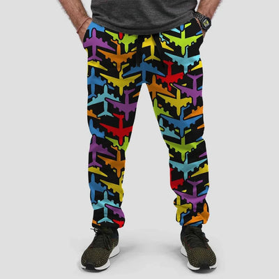 Super Colourful Airplanes aviation design on soft cotton blend 3D-printed sweatpants.