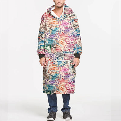 Passport Stamps aviation design on soft fleece blanket hoodie.