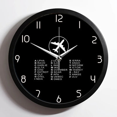 Aviation Alphabet 2 aviation design on premium wood and metal wall clock.