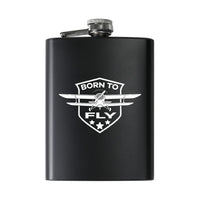 Thumbnail for Born To Fly aviation design on stainless hip flask, compact pocket-size flask.