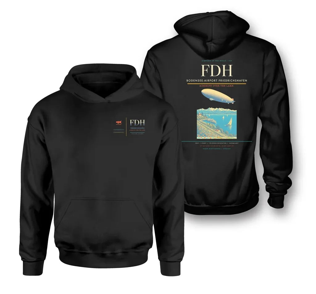 Bodensee-Airport Friedrichshafen (FDH) design on black double-side hoodie