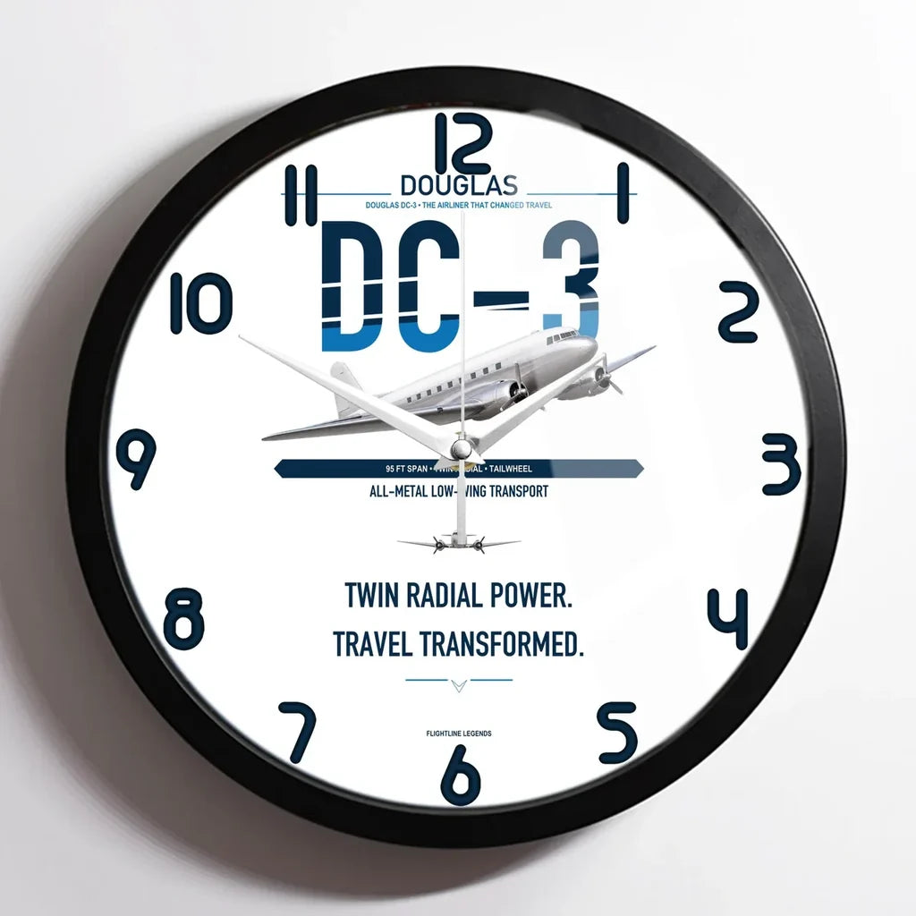 Douglas DC-3 design on white framed wall clock
