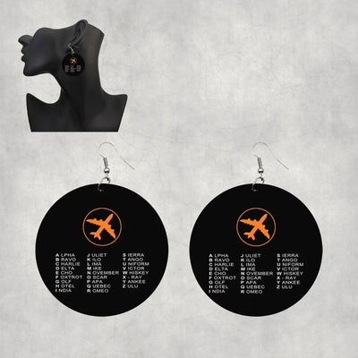 Aviation Alphabet 2 aviation drop earrings, wood with metal hooks body with engraved detail.