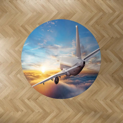 Airliner Jet Cruising over Clouds Carpet & Floor Mats (Round) aviation print round carpet floor mat, durable carpet pile with.