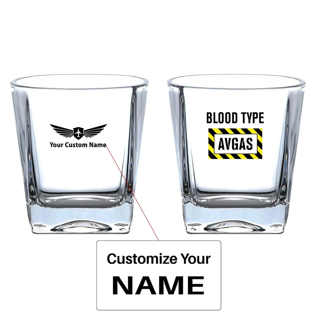 Blood Type AVGAS aviation design on whiskey glass, crystal-clear premium glassware.