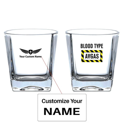 Blood Type AVGAS aviation design on whiskey glass, crystal-clear premium glassware.