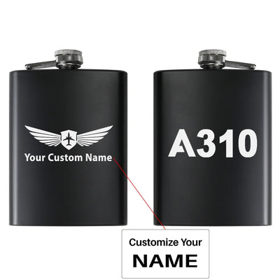 Airbus A310 Flat Text aviation design on stainless hip flask, compact pocket-size flask.
