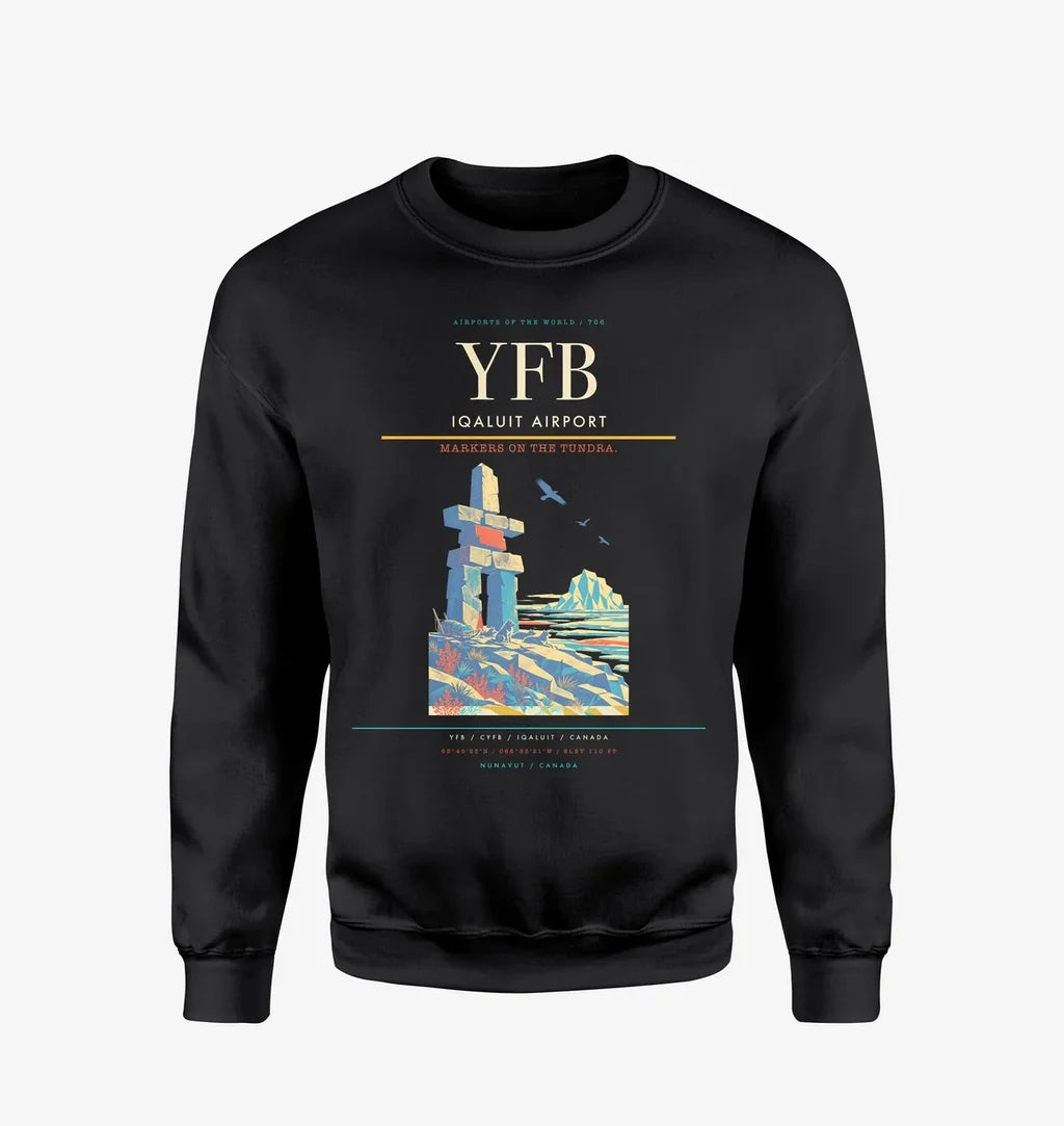 Iqaluit Airport (YFB) design on black sweatshirt
