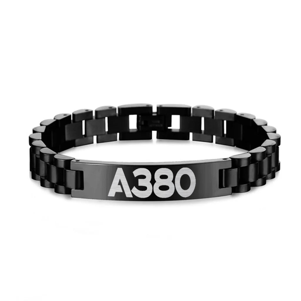 Side view of Airbus A380 Flat Text aviation chain bracelet in stainless steel, polished finish.