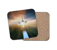 Thumbnail for Airplane Flying Over Runway aviation design on cork-backed wood with print coaster.